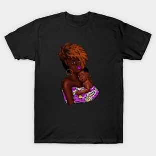 Afro Woman with Child, African Purple Pattern T-Shirt